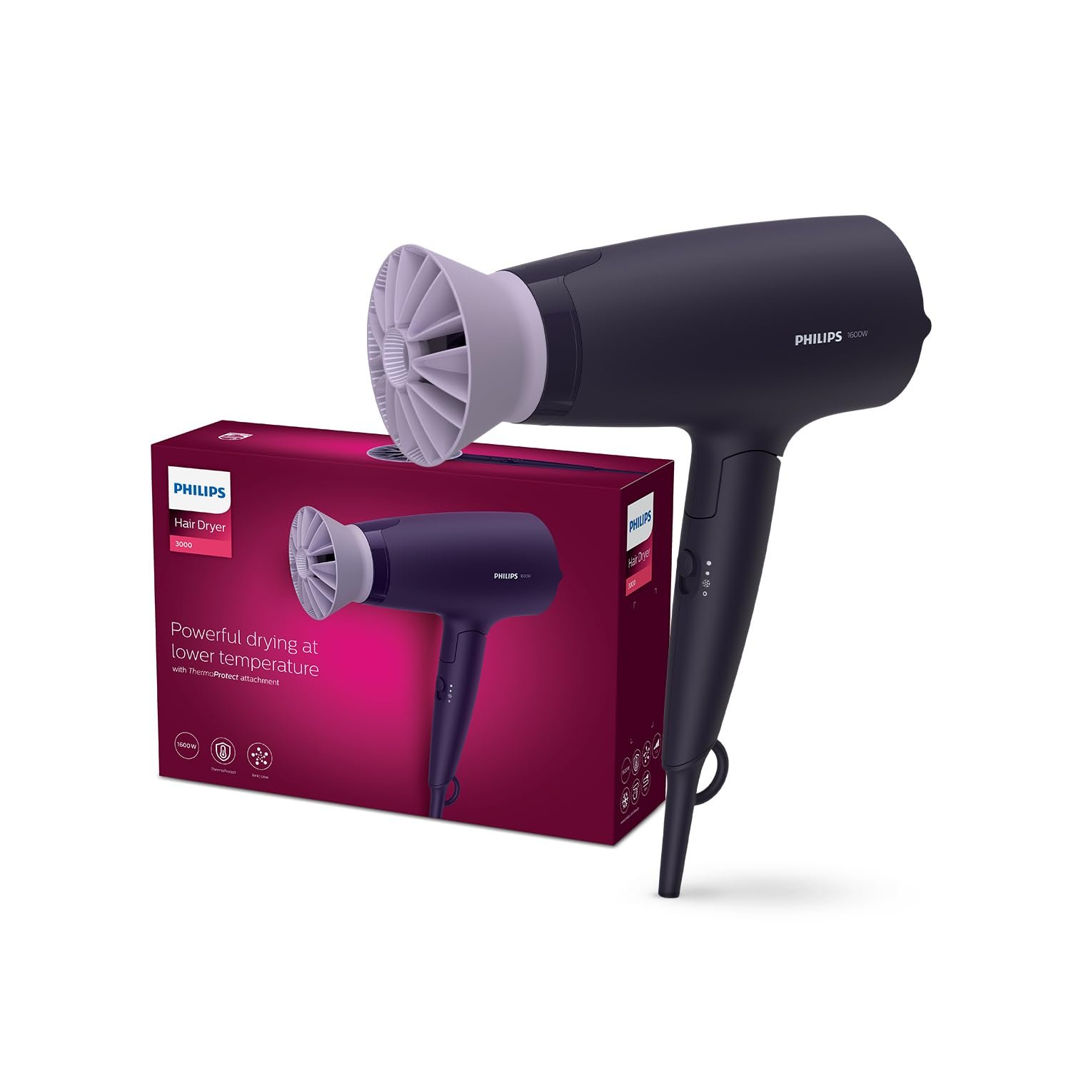 Philips Hair Dryer Powerful Drying with Less HeatIIonic Care for Smooth & Shiny HairI 3 Styling Options for Salon like BlowdryI 1600 WattsI Cool ShotI Men & WomenI 2 Year WarrantyI BHD318/00, Purple
