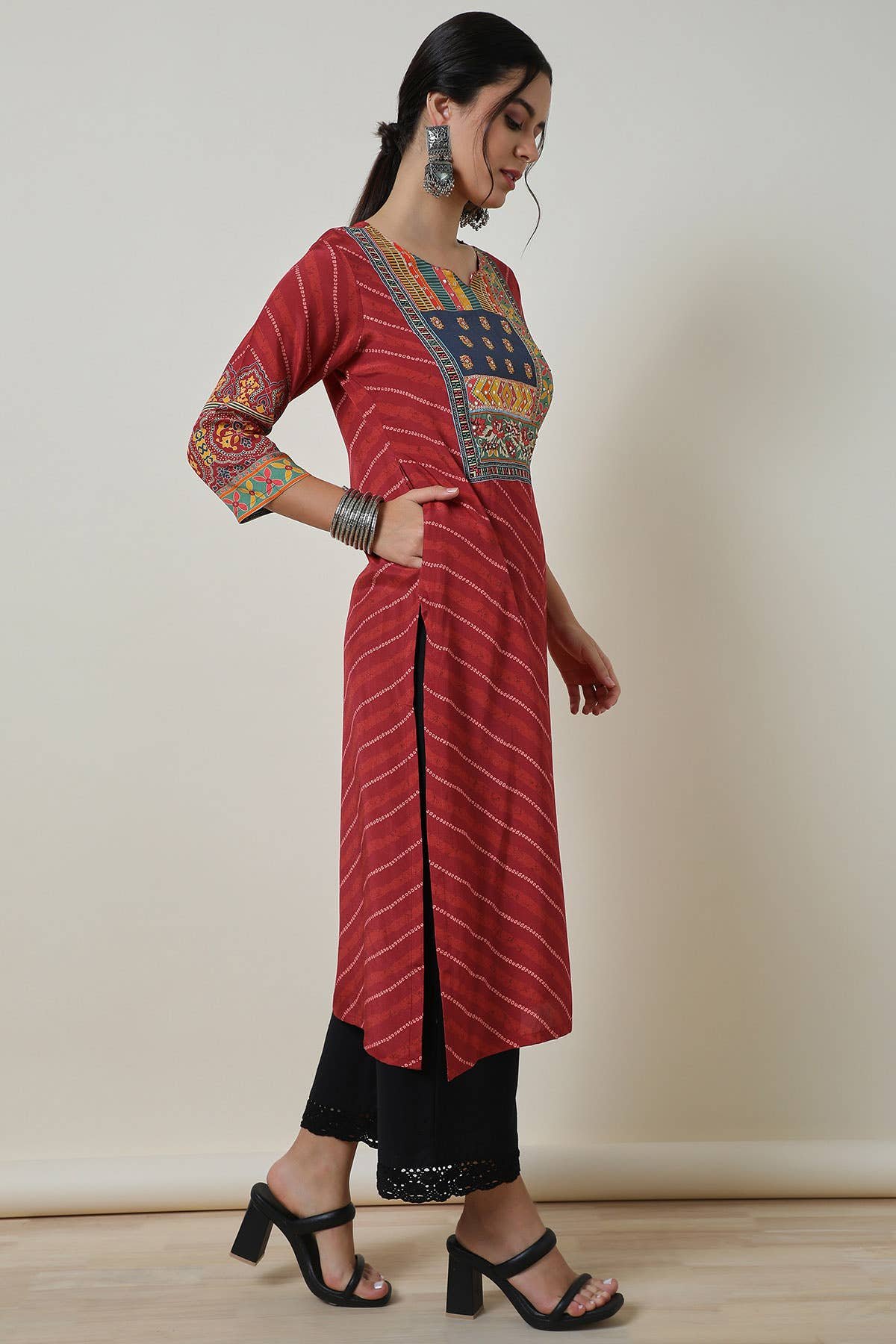 Brick Red Viscose Muslin Bandhani Print Kurta - View 4