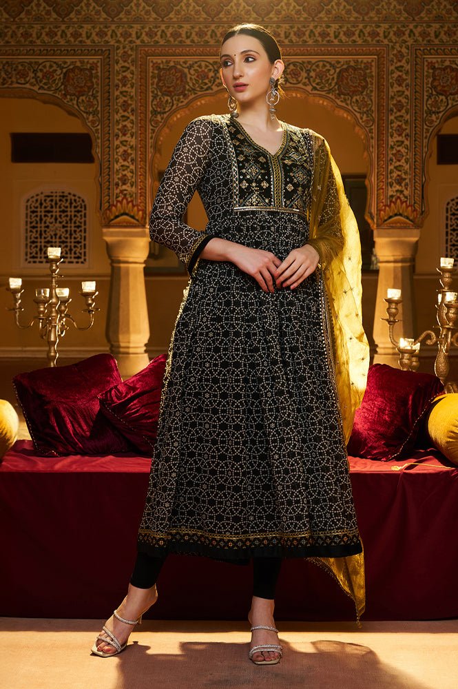 Black Printed Gathered Chiffon Kurta With Embroidery, Churidar And Dupatta Set - View 7