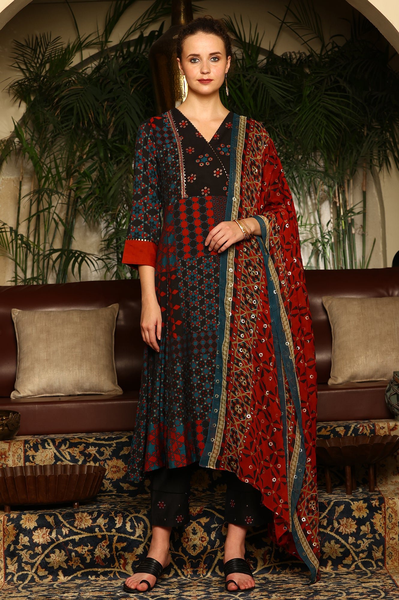 Black Multi-Coloured Patch Printed Metallic Embroidered A-Line Kurta, Pants And Dupatta Set - View 5