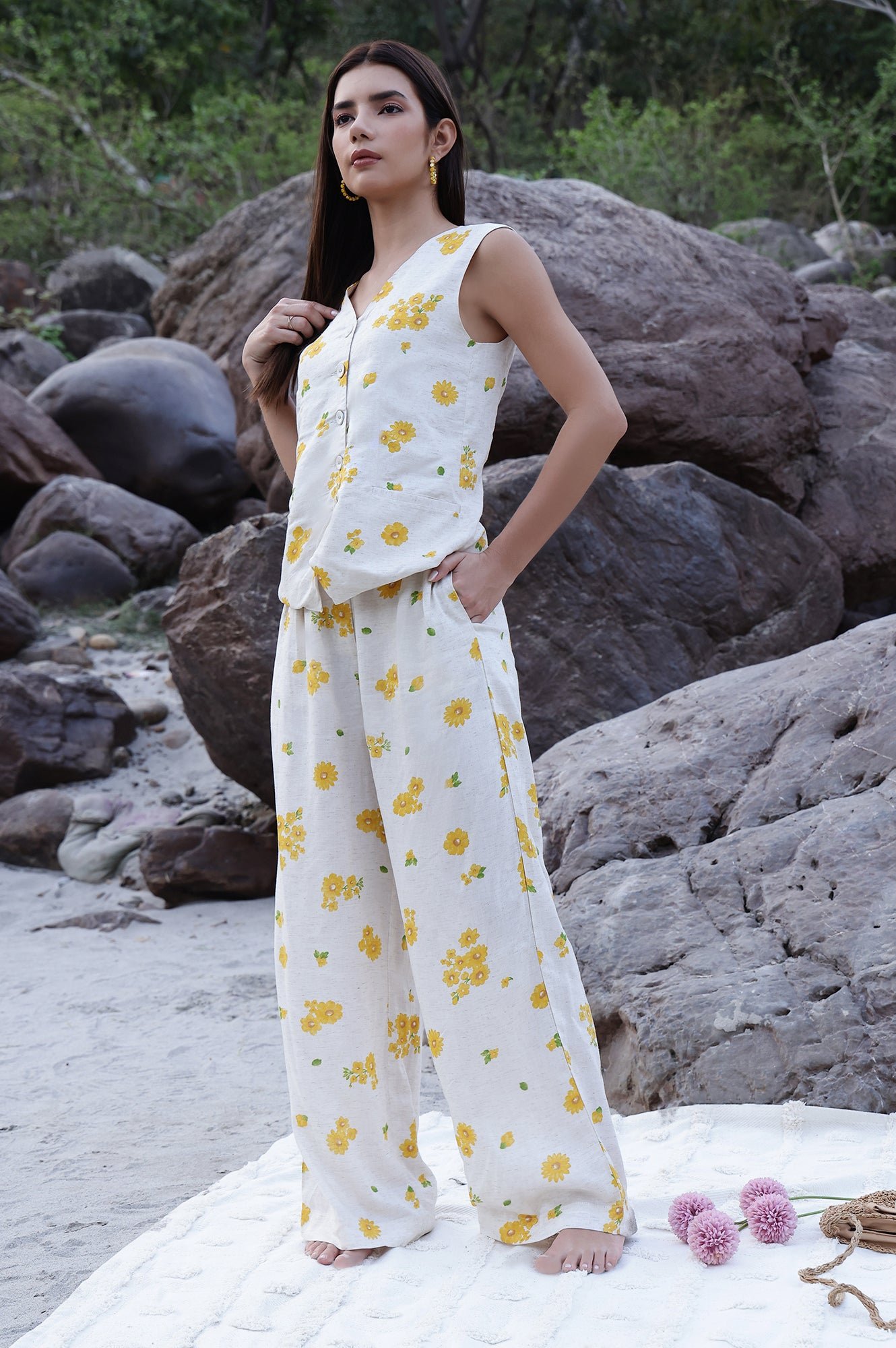 Floral Printed Rayon Top &amp; Parallel Pant Co-Ord Set - View 10