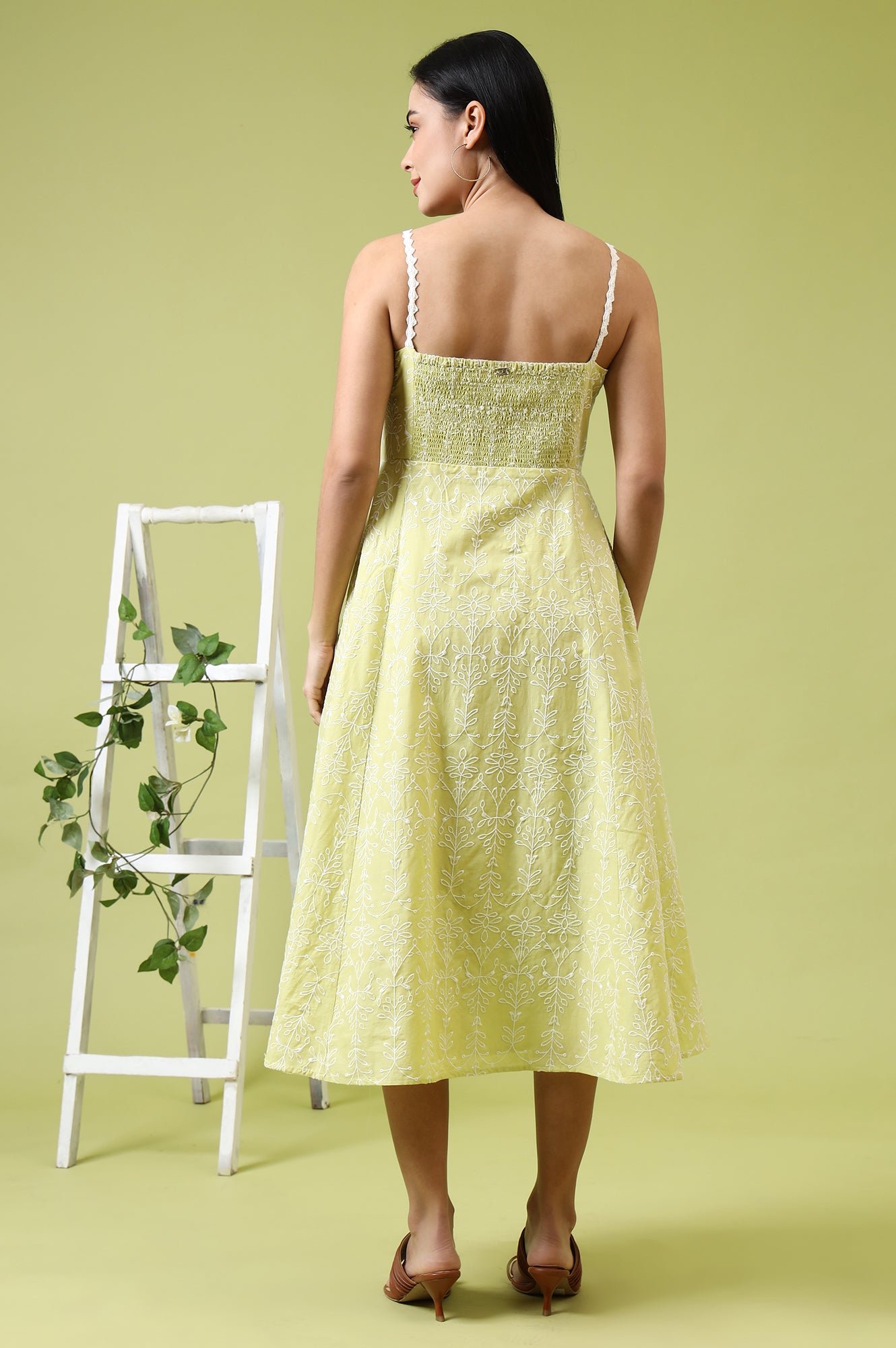 Lime Green Schiffli Embroidered Pure Cotton Flared Spaghetti Dress - View 6