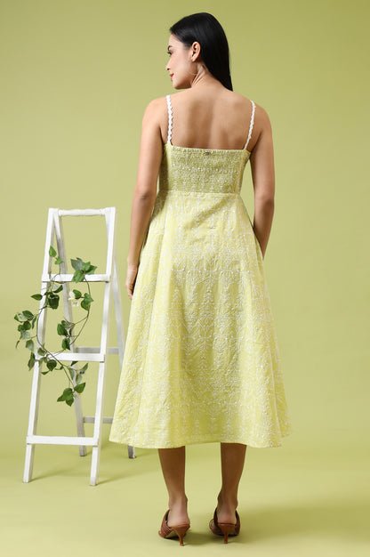 Lime Green Schiffli Embroidered Pure Cotton Flared Spaghetti Dress - View 2