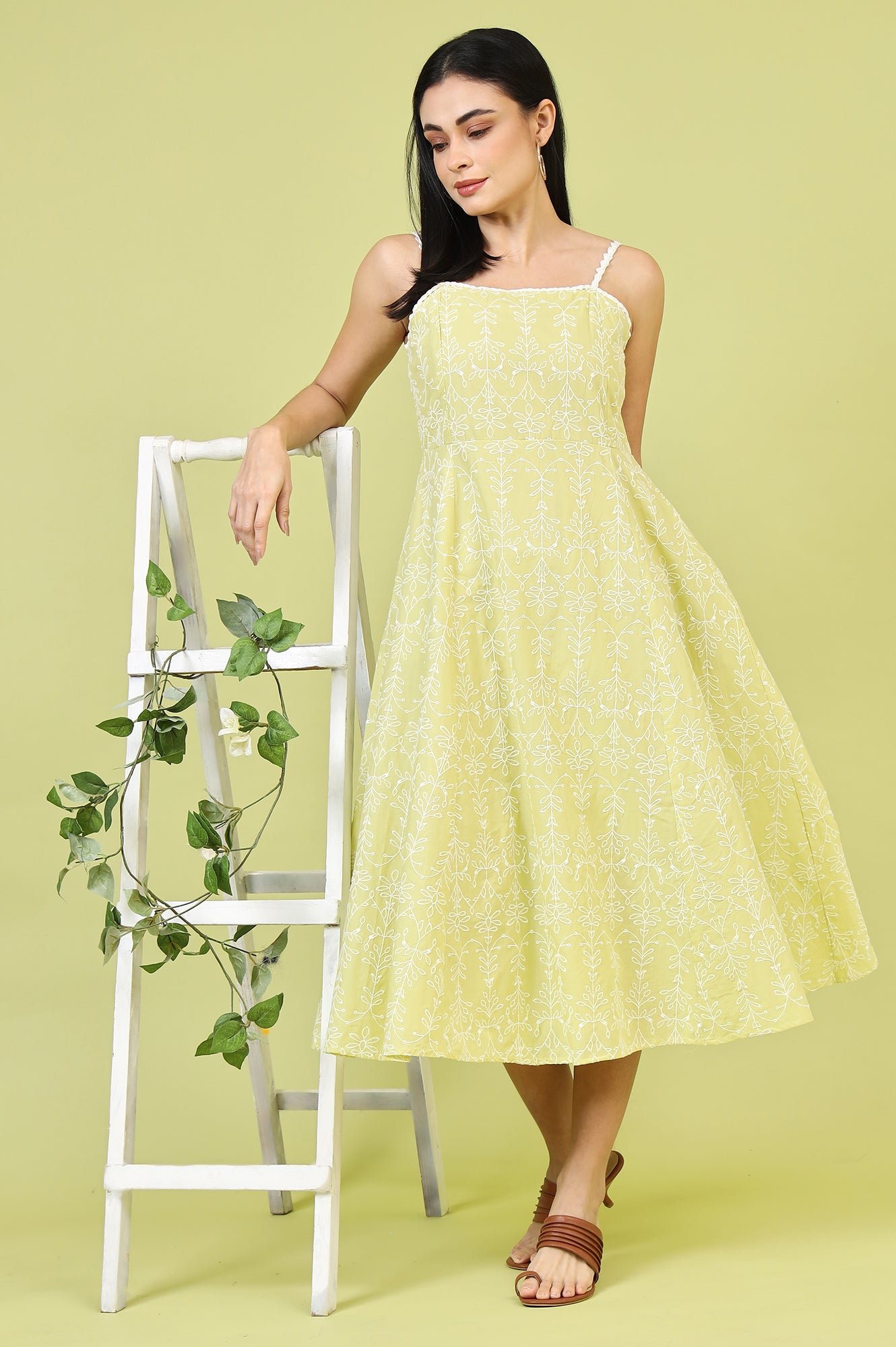 Lime Green Schiffli Embroidered Pure Cotton Flared Spaghetti Dress - View 10