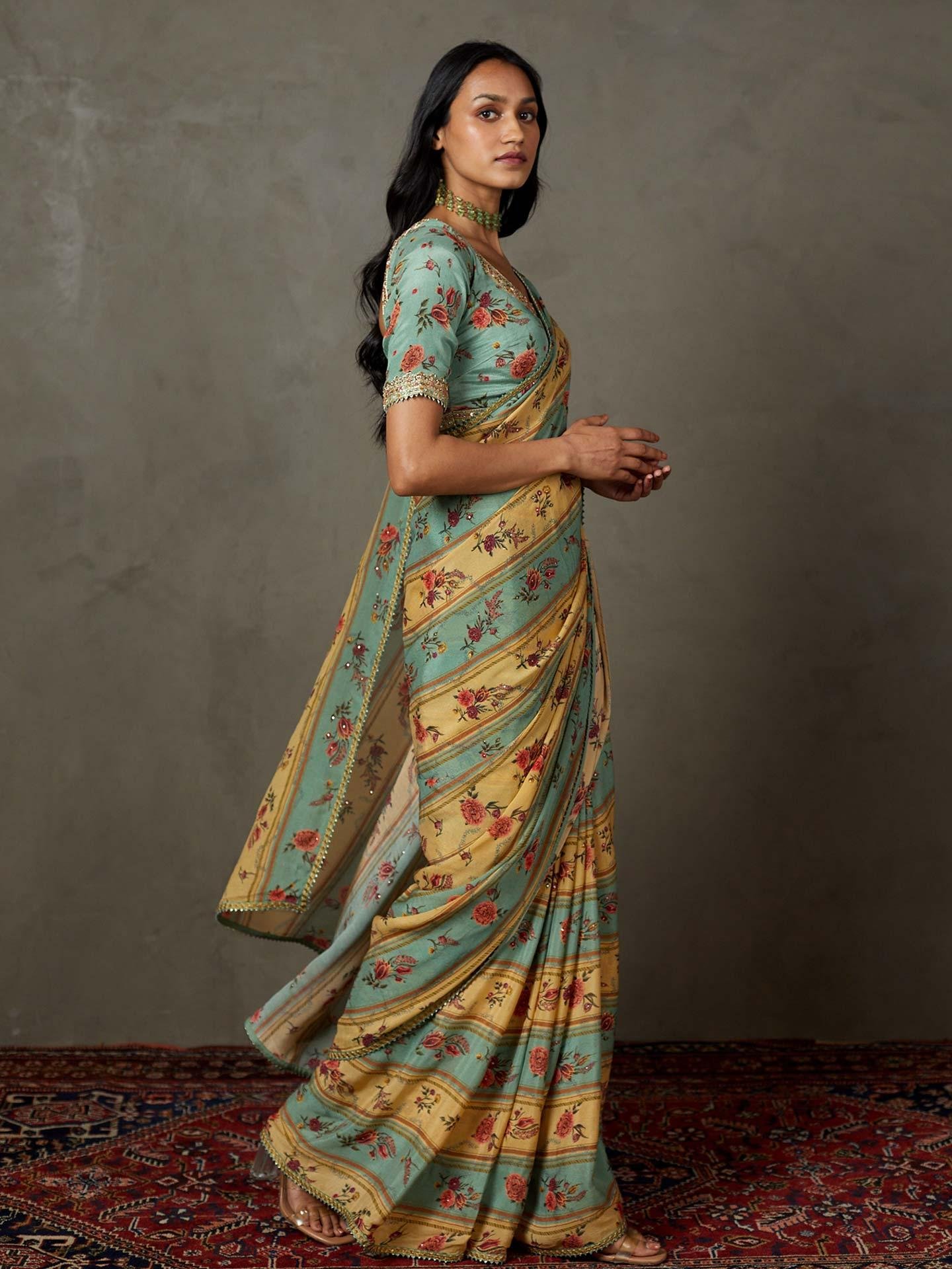 Light Teal Dahlia Saree With Unstitched Blouse - View 5