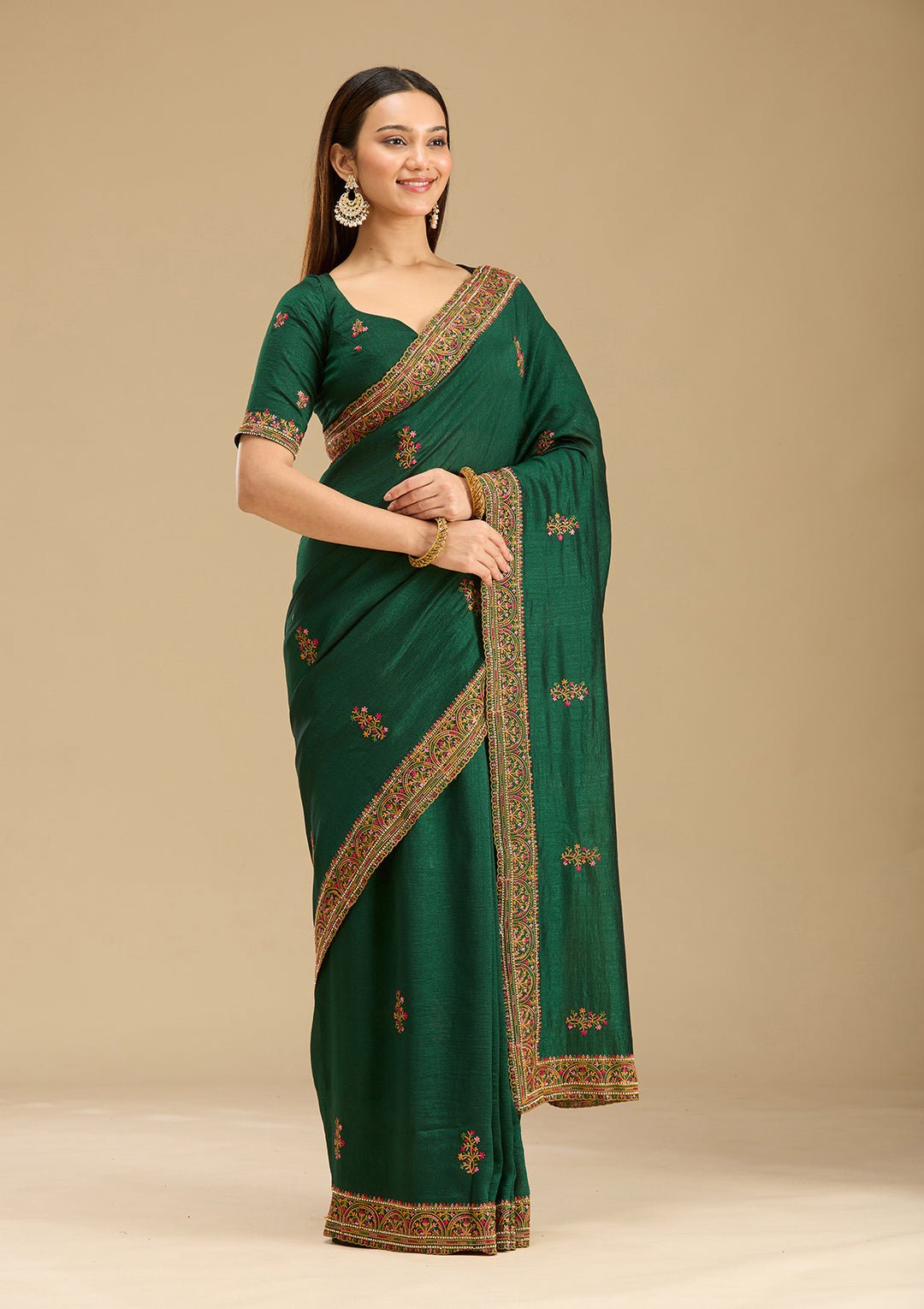 Bottle Green Kashmiri Soft Raw Silk Saree - View 4