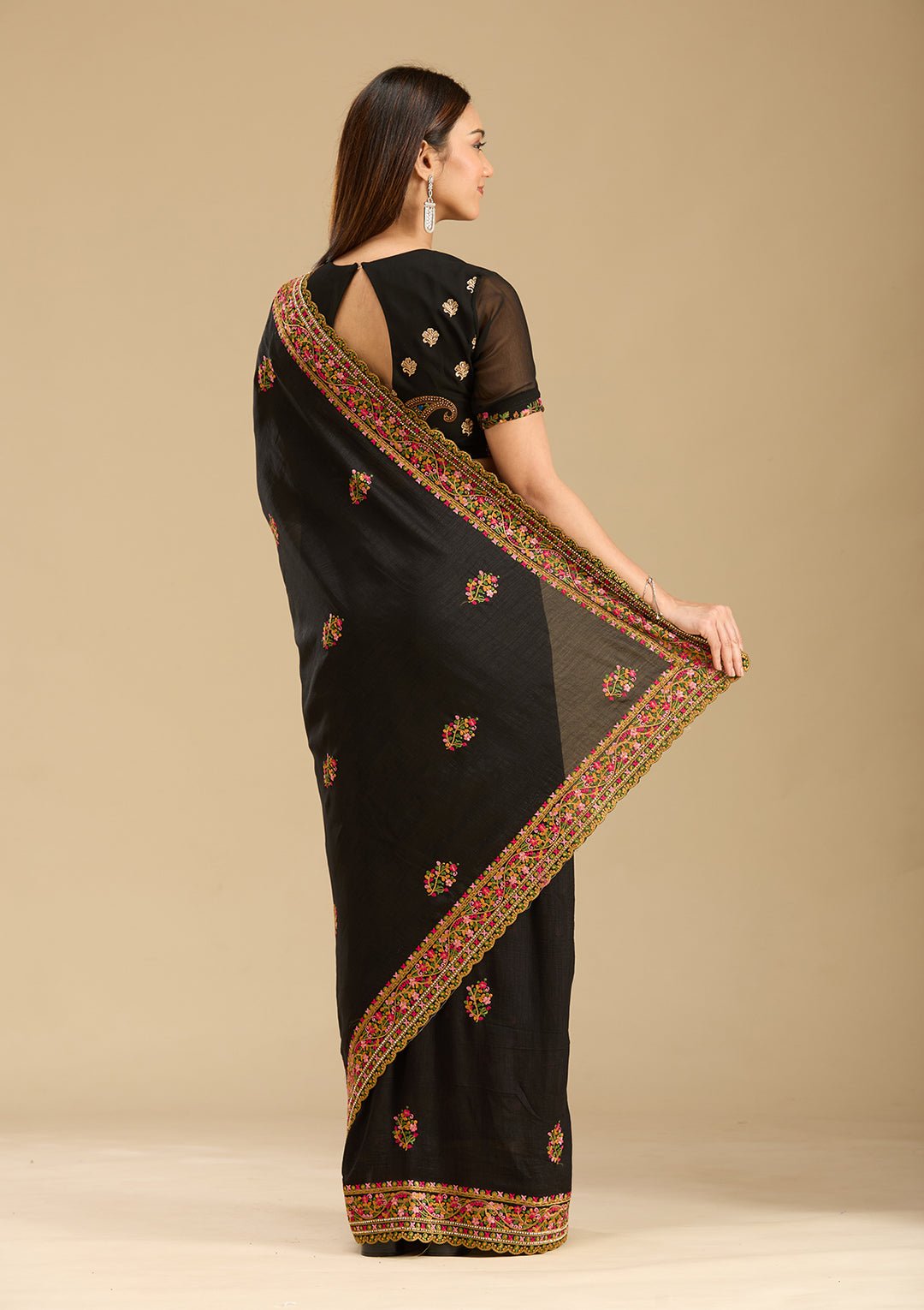 Black Kashmiri Soft Raw Silk Saree - View 6