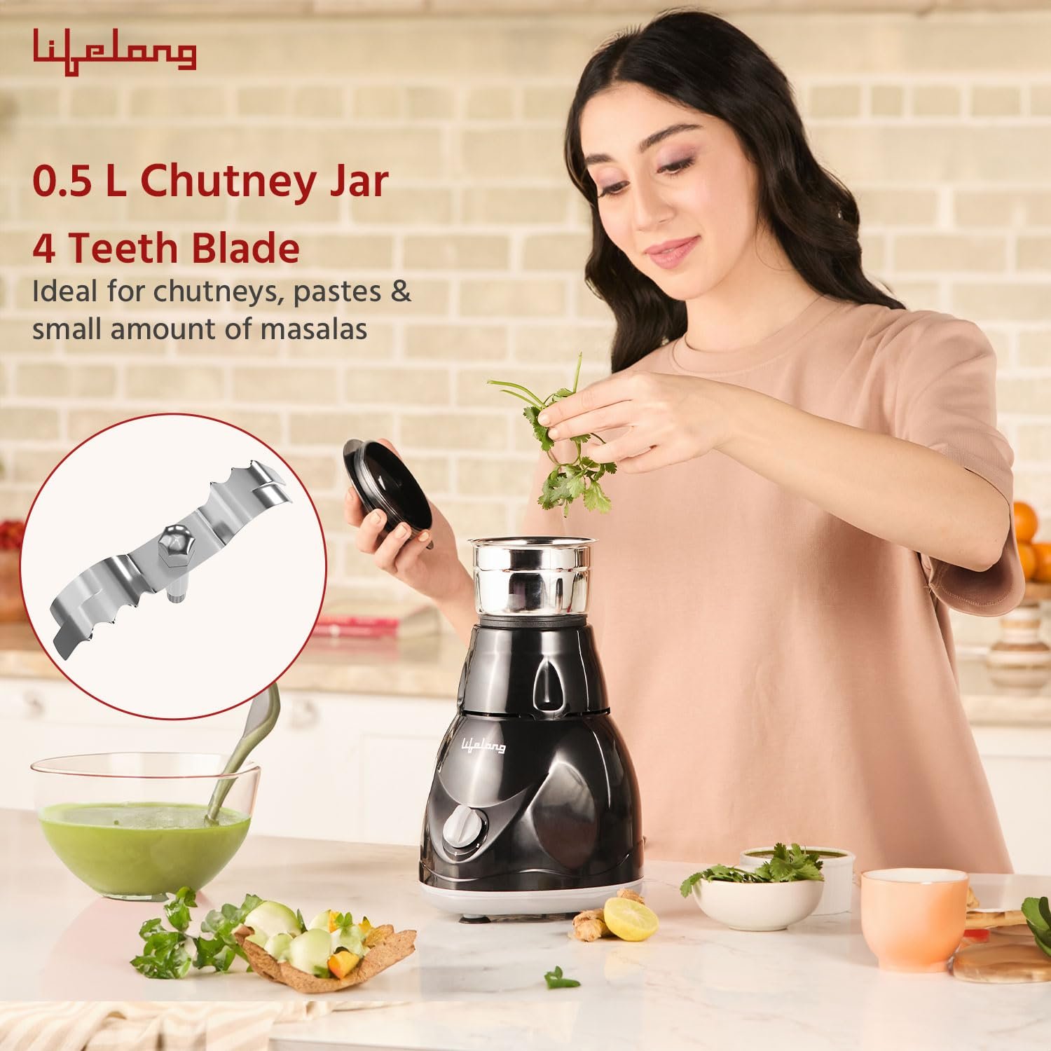 Lifelong Mixer Grinder for Kitchen - 3 Jars 500 Watt Mixie - Chutney Jar, Dry Grinder Jar &amp; Liquidizing Jar used as Wet Grinder &amp; Blender for Milkshake, Smoothie, Puree -Stainless Steel Blades(LLMG23) - View 2