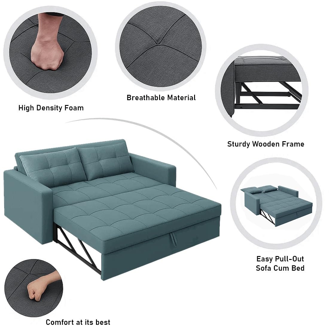 FURNY Tressa 2 Seater Pull-Out Premium Fabric Sofa Cum Bed Sofa Set for Living Room (Sky Blue Fabric) - View 6