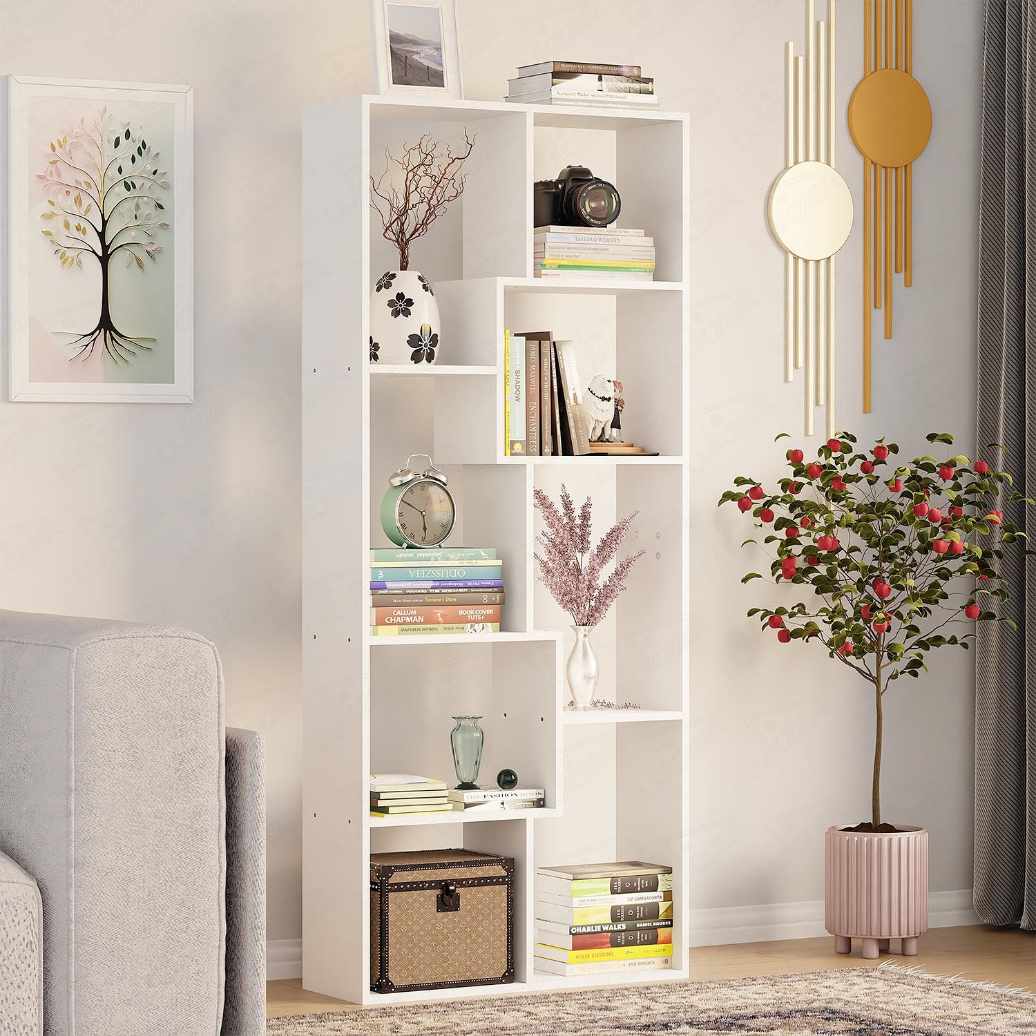 Lukzer 8 Shelves Modern Simple Engineered Wood Book Shelf with Storage Display Rack Open Bookcase Showcase Stand (MR-004/White/164 x 24 x 70 cm) DIY (Do It Yourself)