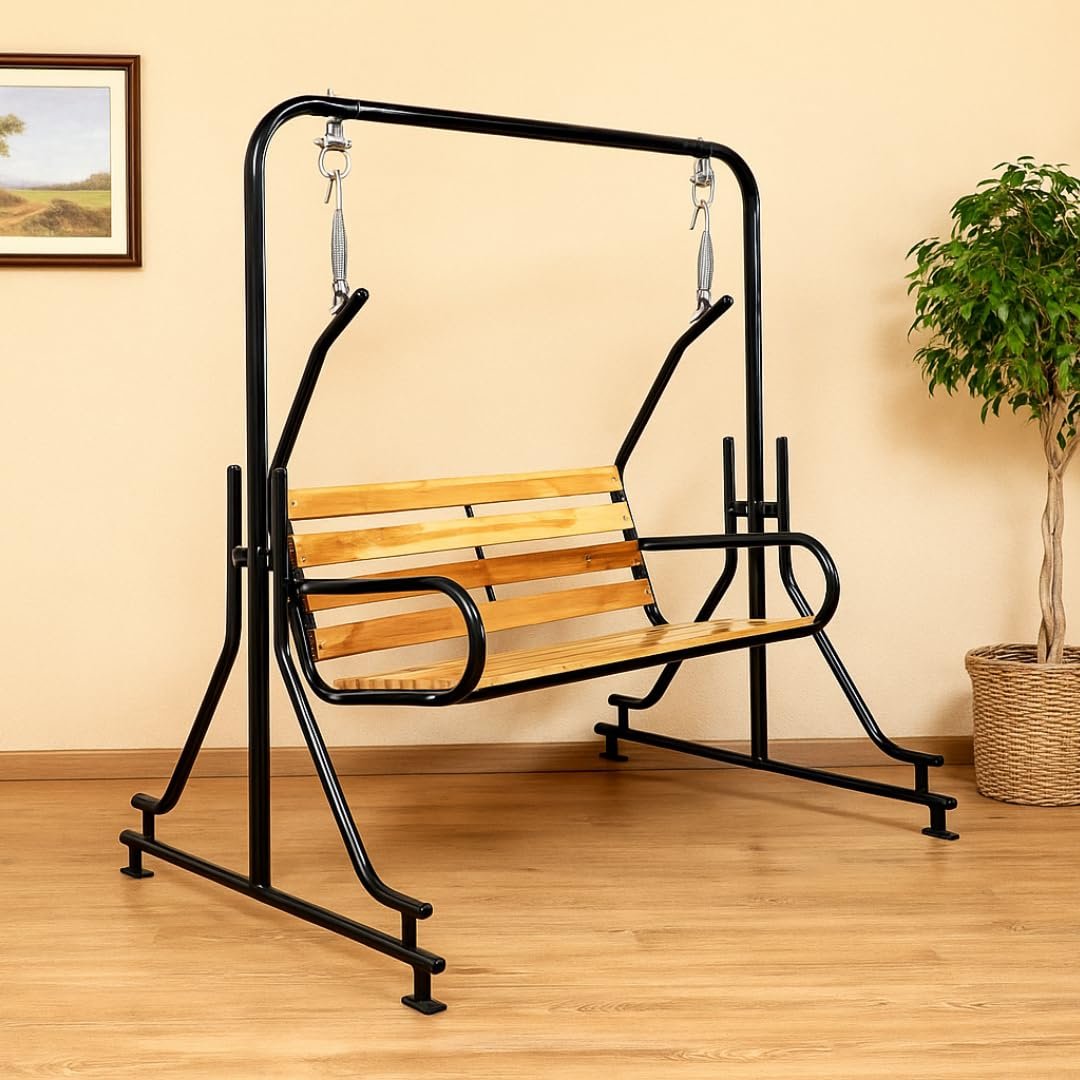 2-Seater Indoor &amp; Outdoor Swing - Natural Wooden Polished (50kg) | Upper Pipe Swing Jhula for Home and Blacony with Sturdy Stand | Strong 300 Kg Capacity Heavy Metal Swing