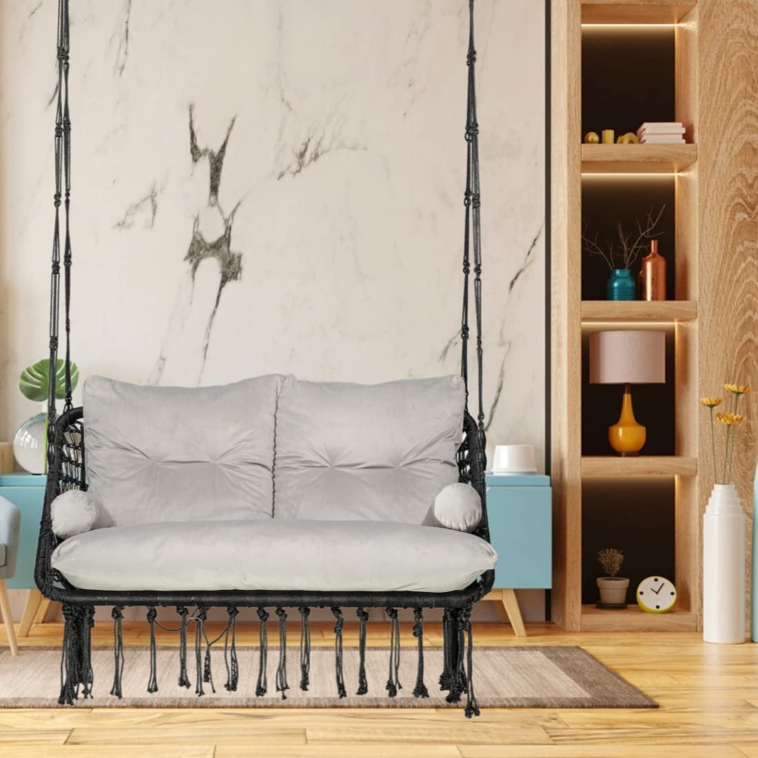 Double Seater Swing - 2 Seater Swing for Balcony with Large Grey Full Body Sitting Cushion (Black)-Polyester, 20 Cm