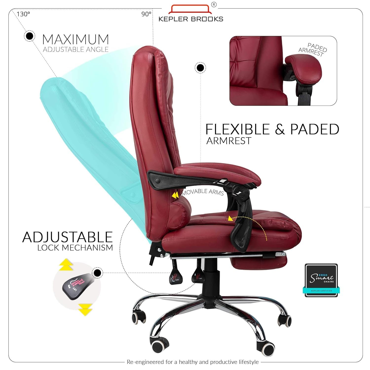 Premium Leatherette Office Chair for Work | 3-Years Warranty | Boss Chair for Office, Ergonomic Executive Chair, Cushioned Arms &amp; Seat, Leg Rest, Heavy Duty Metal Base (Burgundy) - View 4